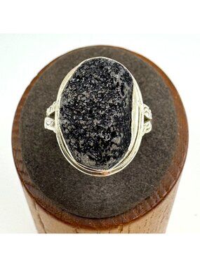 VTG Sterling Silver 925 Black Druzy Quartz Split Shoulders Ring Size 9.75